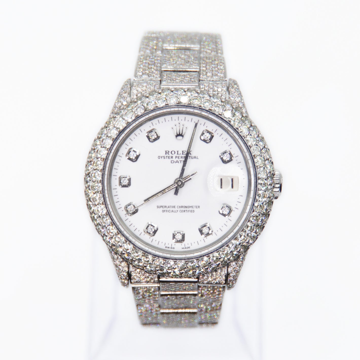 Rolex Date 34mm 1500 White Diamond Dial - Fully Iced Out - 40002