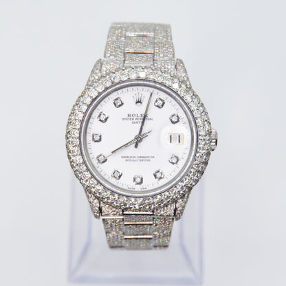 Rolex Date 34mm 1500 White Diamond Dial - Fully Iced Out