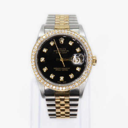 Rolex Datejust 36mm 16233 18k Yellow Gold & Steel - Black Diamond Dial & Diamond Bezel - 40003