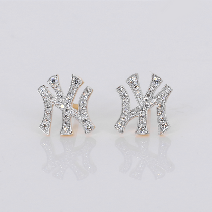 14k Solid Gold 10mm Diamond NY Yankees Earrings - 50311