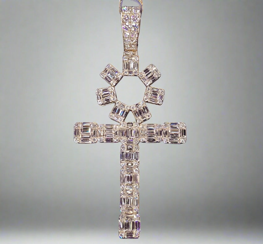 Solid 14K Gold VVS Baguette Chandelier Ankh Pendant